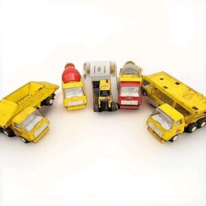 Vtg TONKA Set Of 5 Toy Metal Trucks Cement Dump Carrier Bulldozer Red Yellow